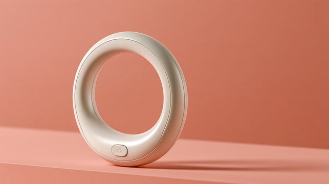 Cream ring shaped wellness device with a button on a terracotta pink surface, app connected femtech