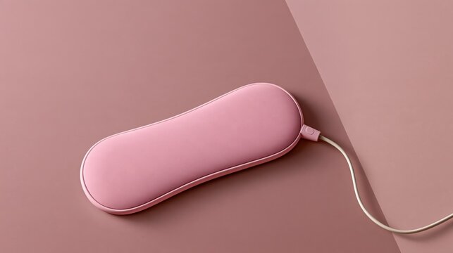 Pink smart heating pad with a cable on a mauve background for menstrual cramp relief, femtech