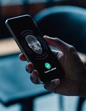 Hand Phone Face ID Scan Payment Confirmed Biometric Concept.