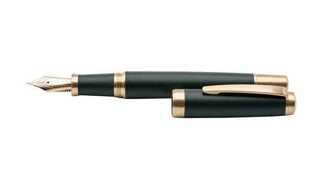 Luxury fountain pen with gold nib and dark green body. Elegant writing instrument isolated on white background. Professional stationery for executive business and legal signature use cases.