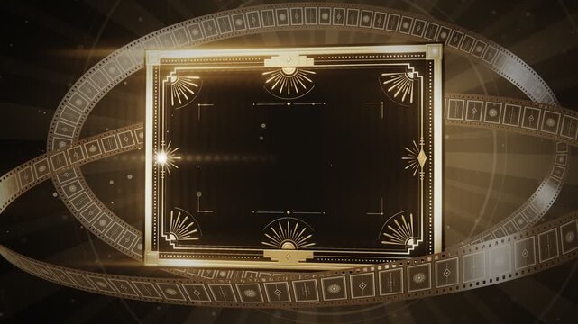 Silent Film Title Card 3D Art Deco Gold Frame Orbiting Film Strips Projector Light Rays Dust Film Grain Seamless Loop