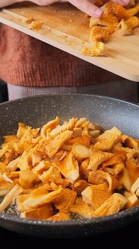 Vertical video showing a person tipping chopped golden chanterelle mushrooms from a wooden cutting board into a frying pan