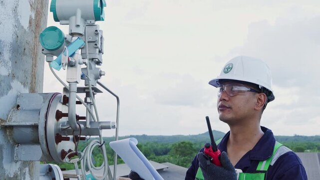 Environmental engineer communicating with team of technicians use radio and taking reports checking continuous emission monitoring systems at industrial plant. Sustainable air pollution reduction. ESG