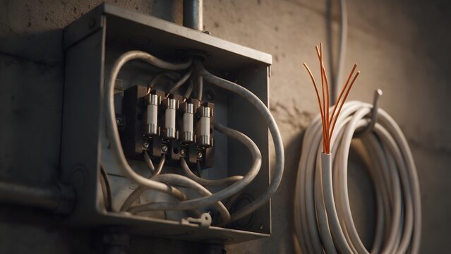 Exposed electrical junction box containing multiple ceramic fuses connected to thick grey insulated cables alongside a coiled roll featuring stripped copper wires protruding outward