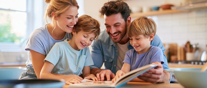 A happy family shares a moment reading a book together in a bright kitchen.