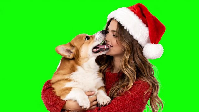 Smiling young woman wearing red Christmas sweater and Santa hat cuddling a happy Pembroke Welsh Corgi dog against bright green screen background, festive holiday pet celebration
