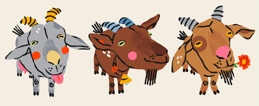 Goats look at camera set. Cute funny characters, adorable farm animal portraits. Hand drawn Vector illustration. Isolated design elements. Happy Chinese New year 2027 symbol
