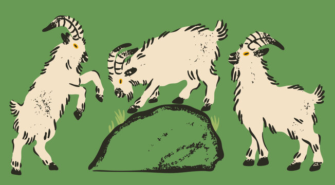 Goats set. Goat mascot collection. Cute characters, adorable farm animals in different poses. Hand drawn Vector illustration. Isolated design elements. Happy Chinese new year 2027, animal zodiac