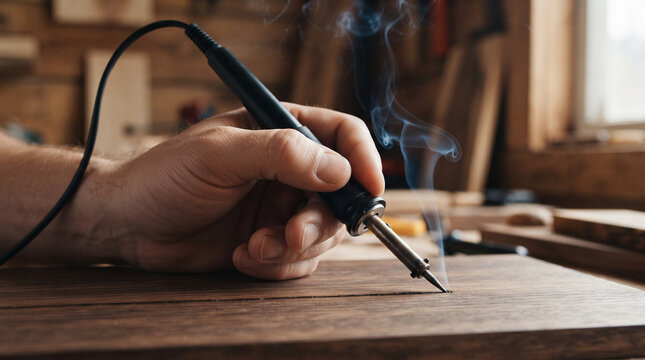 Close up of a hand using a smoking wood burning tool on a wooden plank