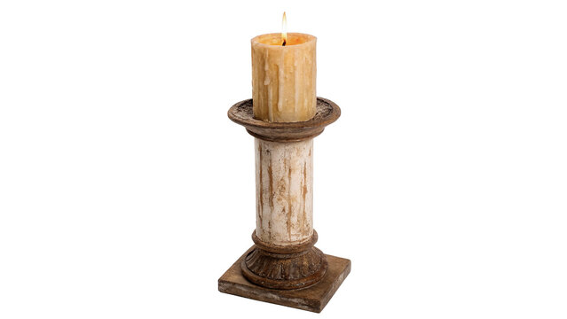 Old vintage wooden candlestick holder with a thick white unlit candle isolated on transparent background.