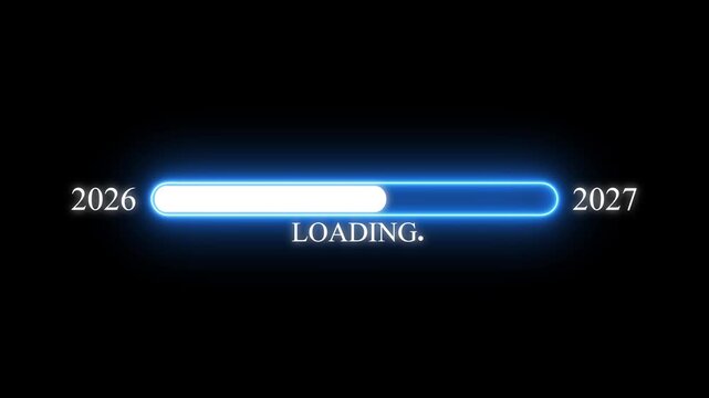 New year 2027 loading bar animation Year changing from 2026 to 2027. Loading bar from 2025 to 2026 new year transfer animation. Almost reaching New Year on black background.