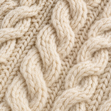 Macro close up of cream chunky cable knit wool with thick braided stitches in soft warm light, full frame knitted texture