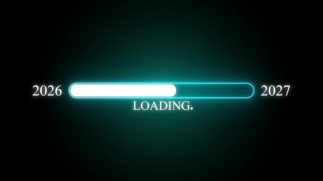  New year 2027 loading bar animation Year changing from 2026 to 2027. Loading bar from 2025 to 2026 new year transfer animation. Almost reaching New Year on black background.