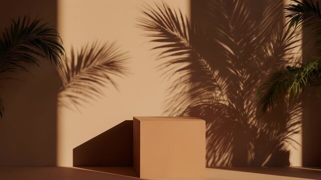 Minimalist beige podium mockup for product display with palm leaves shadow background