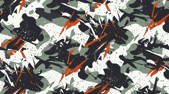 Edgy tactical winter camo seamless pattern with paint splatters and geometric shapes for techwear apparel
