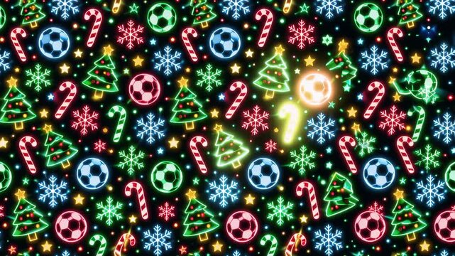 Colorful neon Christmas and soccer pattern with glowing footballs, Christmas trees, candy canes, snowflakes and stars on black background, festive holiday sports design