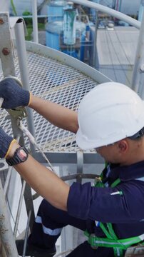 Engineers wearing harness safety climbing up the chimney to check and measure carbon dioxide levels or for air pollution reduction, continues emission monitoring system. Sustainable Environment. ESG