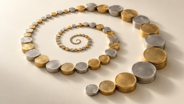 Gold and silver coins arranged in spiral pattern symbolizing financial growth and increasing wealth