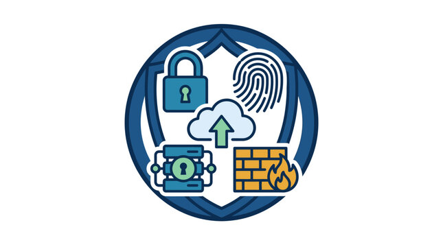 Cybersecurity circular badge displaying a blue padlock, biometric fingerprint, data cloud, locked server rack, and a firewall symbol against a white background.