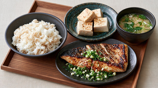 Steamed rice grilled fish tofu miso soup Japanese meal wooden tray create balanced meal with fresh scallion and simple, minimalist presentation