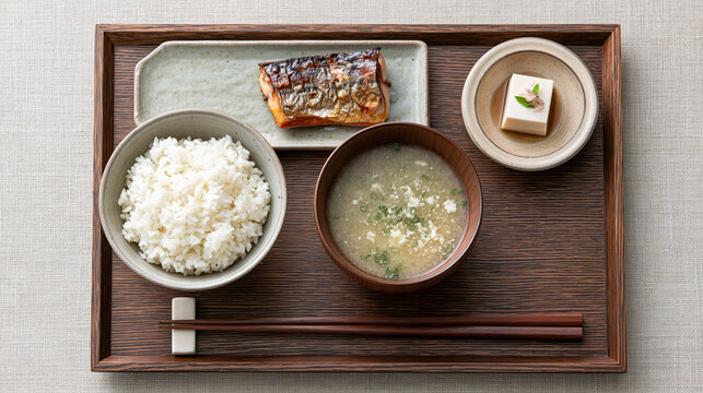 Traditional Asian meal, Japanese style, steamed rice, grilled fish, miso soup, tofu, served on wooden tray with calm simplicity