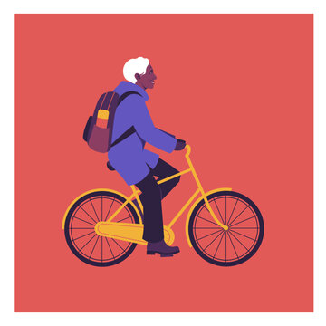 African senior woman with white curly hair riding a yellow bicycle in profile view, wearing a purple jacket and a backpack, smiling. Flat vector illustration on a coral red background 