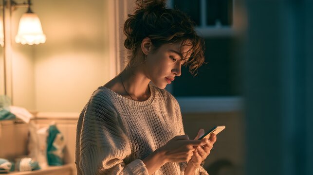 Adult woman standing in softly lit bathroom