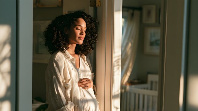 Hopeful pregnant woman standing in sunlit nursery doorway