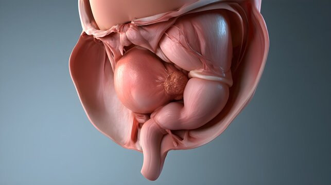 Medically accurate side view of pelvic cutaway showing a fibroid