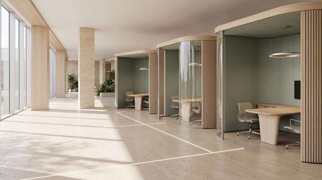 Modern office with glass partition meeting rooms