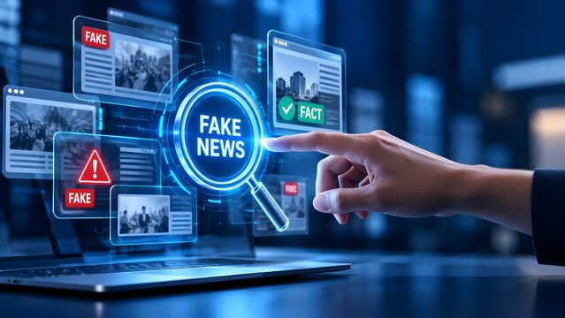 Hand using a digital magnifying glass to fact check online articles and identify fake news from true facts on a futuristic laptop interface