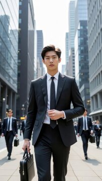 Confident young Asian businessman in black suit holding briefcase walking on city street