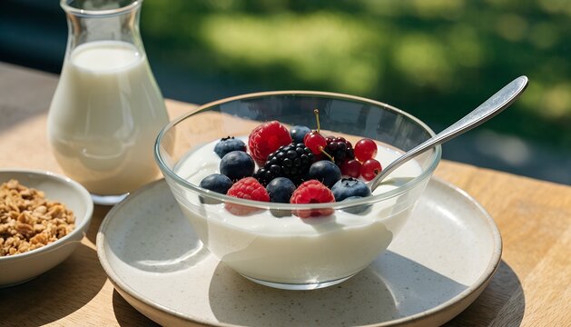 Greek yogurt bowl topped with fresh mixed berries milk pitcher and granola on wooden table