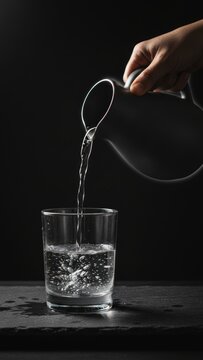 Pouring fresh pure water from a ceramic pitcher into a clear glass on dark background