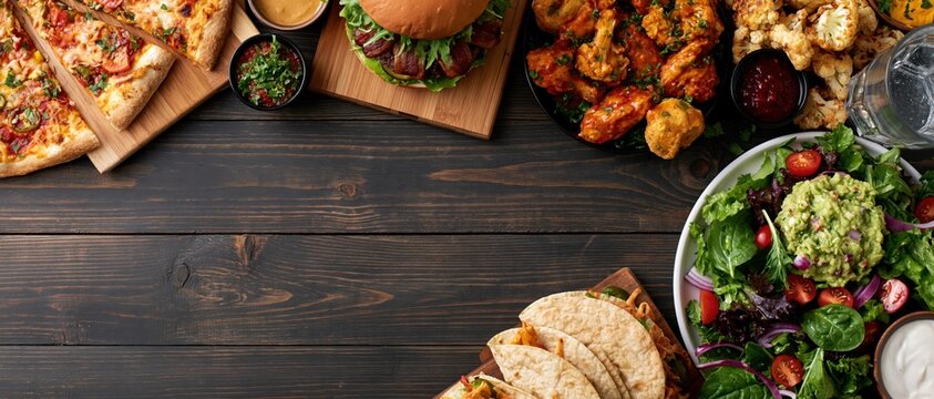 The Ultimate Food Spread Featuring Pizza, Burgers, Fried Chicken, and Salad