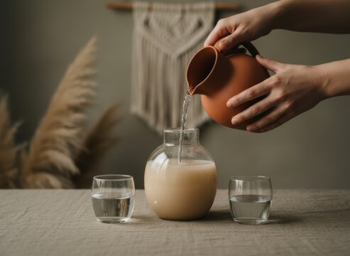 Pouring fresh water from a terracotta pitcher into a glass decanter in earthy tones room