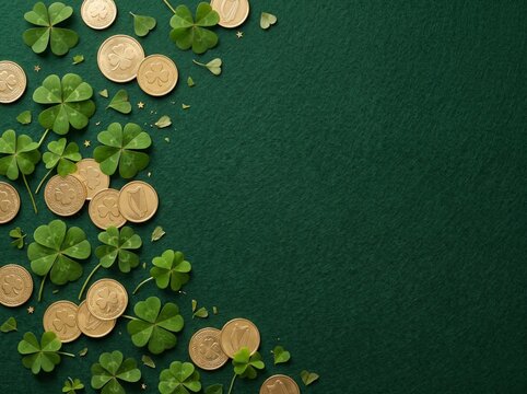 Saint Patricks Day background with four leaf clovers and gold coins
