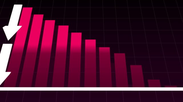 Animated red bar chart with white downward arrows on a dark grid background, illustrating declining performance, falling sales, market downturn, financial losses, and negative business statistics.