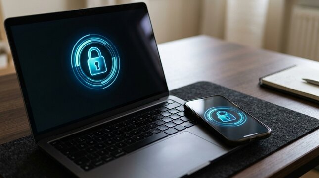 Close-up of a laptop and a phone showing matching lock icons, multi-device security and data protection