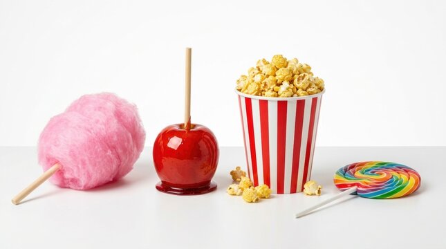 A colorful assortment of carnival treats including cotton candy caramel apples popcorn and lollipops on a white surface