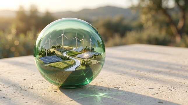 Reflective glass ball showing park scenery