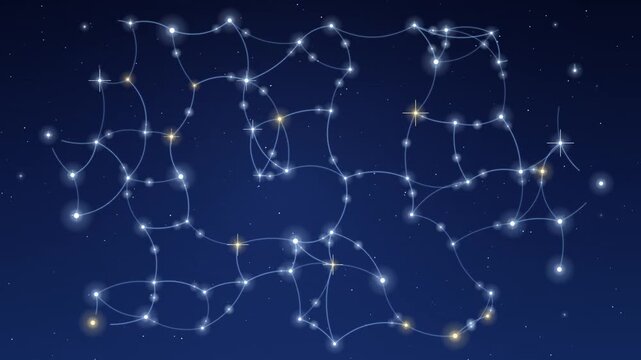 Abstract constellation map with glowing stars connected by lines in night sky.