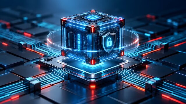 Futuristic glowing quantum computer server core with cybersecurity shield protecting digital data on a high tech circuit motherboard