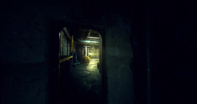 narrow rocky mineshaft corridor, hanging lamp. wooden supports sagging, rusted pipes running along wall, wet gravel floor reflecting light, patchy moss