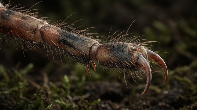 Extreme macro close up of a spider leg showing sharp claws and fine hairs.