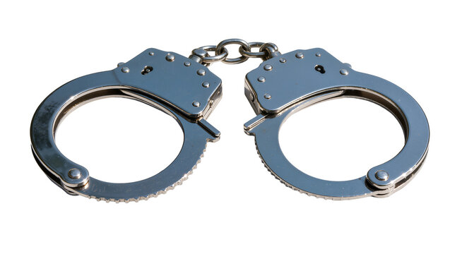 Shiny metal handcuffs with double lock mechanism, isolated on transparent background