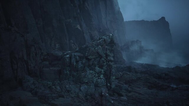 rugged basalt outcrop under heavy mist, jagged rocks and crevices carpeted with algae and barnacle, cold surf rising against dark cliffs, raw texture evokes