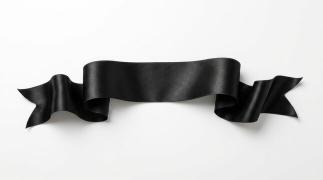 Elegant black ribbon banner with flowing tails against a clean white background for design or presentation