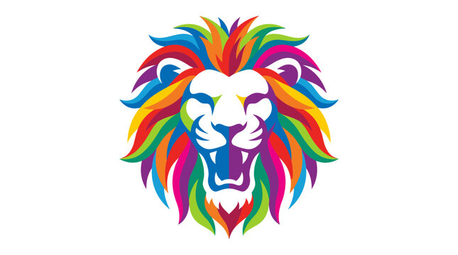Vibrant abstract lion head logo with a colorful rainbow mane and open mouth roaring, stylized mascot illustration isolated on white background for creative branding and design.