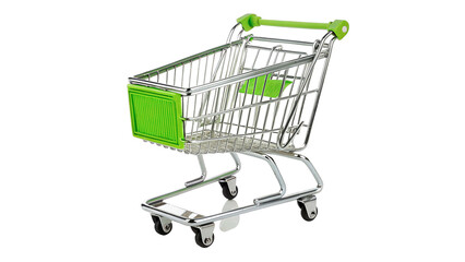 Empty metal shopping cart trolley with bright green plastic accents isolated on transparent background. © Rory Robinson